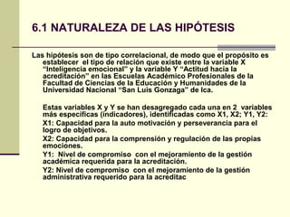 6.1 NATURALEZA DE LAS HIPÓTESIS

Las hipótesis son de tipo correlacional, de modo que el propósito es
   establecer el tipo de relación que existe entre la variable X
   “Inteligencia emocional” y la variable Y “Actitud hacia la
   acreditación” en las Escuelas Académico Profesionales de la
   Facultad de Ciencias de la Educación y Humanidades de la
   Universidad Nacional “San Luis Gonzaga” de Ica.

   Estas variables X y Y se han desagregado cada una en 2 variables
   más específicas (indicadores), identificadas como X1, X2; Y1, Y2:
   X1: Capacidad para la auto motivación y perseverancia para el
   logro de objetivos.
   X2: Capacidad para la comprensión y regulación de las propias
   emociones.
   Y1: Nivel de compromiso con el mejoramiento de la gestión
   académica requerida para la acreditación.
   Y2: Nivel de compromiso con el mejoramiento de la gestión
   administrativa requerido para la acreditac
 