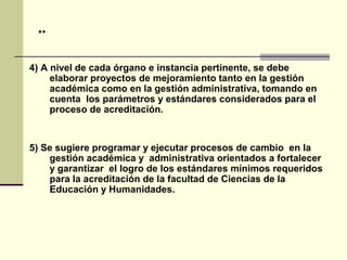 ..

4) A nivel de cada órgano e instancia pertinente, se debe
     elaborar proyectos de mejoramiento tanto en la gestión
     académica como en la gestión administrativa, tomando en
     cuenta los parámetros y estándares considerados para el
     proceso de acreditación.


5) Se sugiere programar y ejecutar procesos de cambio en la
    gestión académica y administrativa orientados a fortalecer
    y garantizar el logro de los estándares mínimos requeridos
    para la acreditación de la facultad de Ciencias de la
    Educación y Humanidades.
 