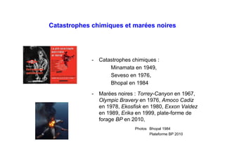 Catastrophes chimiques et marées noires
- Catastrophes chimiques :
Minamata en 1949,
Seveso en 1976,
Bhopal en 1984
- Marées noires : Torrey-Canyon en 1967,
Olympic Bravery en 1976, Amoco Cadiz
en 1978, Ekosfisk en 1980, Exxon Valdez
en 1989, Erika en 1999, plate-forme de
forage BP en 2010,
Photos Bhopal 1984
Plateforme BP 2010
 