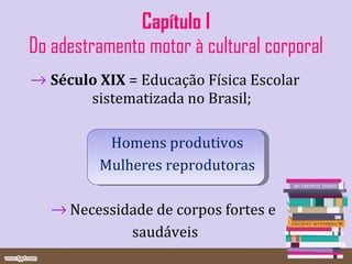 Capítulo I Do adestramento motor à cultural corporal Século XIX  = Educação Física Escolar sistematizada no Brasil; Homens produtivos Mulheres reprodutoras Necessidade de corpos fortes e  saudáveis 