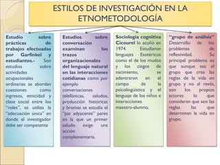 ESTILOS DE INVESTIGACIÓN EN LA
ETNOMETODOLOGÍA
Estudio sobre
prácticas de
trabajos efectuadas
por Garfinkel y
estudiantes.- Son
estudios sobre
actividades
ocupacionales
ordinarias se abordan
cuestiones como
ingresos, etnicidad y
clase social entre los
“roles”, se utiliza la
“adecuación única” en
donde el investigador
debe ser competente.
Estudios sobre
conversación
examinan los
trazos
organizacionales
del lenguaje natural
en las interacciones
cotidianas como por
ejemplo
conversaciones
telefónicas, saludos,
producción históricas
y bromas se estudia el
“par adyacente” pares
en la que un primer
saludo exige una
acción
complementaria.
Sociología cognitiva
Cicourel lo acuño en
1974. Estudiaron
lenguajes Esotéricos
como el de los mudos
y los ciegos de
nacimiento, se
adentraron en el
campo de la
psicolingüística y el
lenguaje de los niños e
interacciones
maestro-alumno,
“grupo de análisis”
Desarrollo de los
problemas de
reflexividad. Su
principal problema es
que aunque sea el
grupo que crea las
reglas de la vida en
grupo y no al revés,
son los propios
actores lo que
consideran que son las
reglas las que
determinan la vida en
grupo.
 