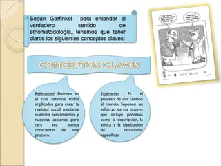 Reflexividad: Proceso en
el cual estamos todos
implicados para crear la
realidad social mediante
nuestros pensamientos y
nuestras acciones pero
rara vez somos
conscientes de este
proceso.
Según Garfinkel para entender el
verdadero sentido de
etnometodología, tenemos que tener
claros los siguientes conceptos claves:
Explicación: Es el
proceso de dar sentido
al mundo. Suponen un
esfuerzo de los actores
que incluye procesos
como la descripción, la
critica y la idealización
de situaciones
especificas
 