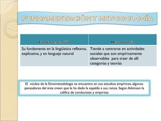 Su fundamenta en la lingüística reflexiva,
explicativa, y en lenguaje natural
Tiende a centrarse en actividades
sociales que son empíricamente
observables para traer de allí
categorías y teorías
El núcleo de la Etnometodologia se encuentra en sus estudios empíricos, algunos
pensadores del área creen que le ha dado la espalda a sus raíces. Según Atkinson la
califica de conductista y empirista
 