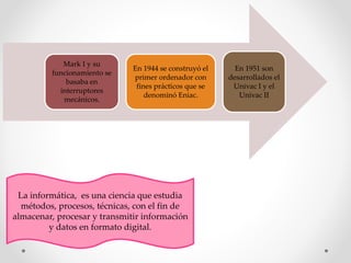 Mark I y su
funcionamiento se
basaba en
interruptores
mecánicos.
En 1944 se construyó el
primer ordenador con
fines prácticos que se
denominó Eniac.
En 1951 son
desarrollados el
Univac I y el
Univac II
La informática, es una ciencia que estudia
métodos, procesos, técnicas, con el fin de
almacenar, procesar y transmitir información
y datos en formato digital.
 