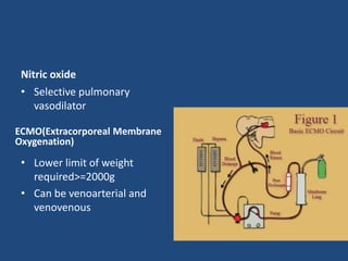 Nitric oxide
• Selective pulmonary
vasodilator
ECMO(Extracorporeal Membrane
Oxygenation)
• Lower limit of weight
required>=2000g
• Can be venoarterial and
venovenous
 