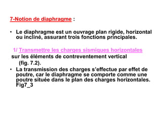 7-Notion de diaphragme :
• Le diaphragme est un ouvrage plan rigide, horizontal
ou incliné, assurant trois fonctions principales.
1/ Transmettre les charges sismiques horizontales
sur les éléments de contreventement vertical
(fig. 7.2).
• La transmission des charges s’effectue par effet de
poutre, car le diaphragme se comporte comme une
poutre située dans le plan des charges horizontales.
Fig7_3
 