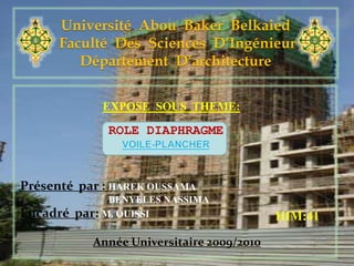 Université Abou Baker Belkaied
Faculté Des Sciences D’Ingénieur
Département D’architecture
ROLE DIAPHRAGME
HIM:41
EXPOSE SOUS THEME:
Présenté par : HAREK OUSSAMA
BENYELES NASSIMA
Encadré par: M. OUISSI
Année Universitaire 2009/2010
 