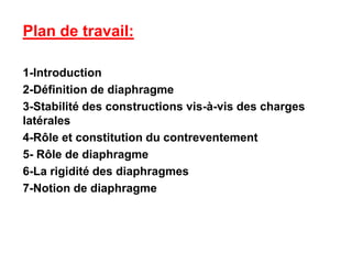 Plan de travail:
1-Introduction
2-Définition de diaphragme
3-Stabilité des constructions vis-à-vis des charges
latérales
4-Rôle et constitution du contreventement
5- Rôle de diaphragme
6-La rigidité des diaphragmes
7-Notion de diaphragme
 