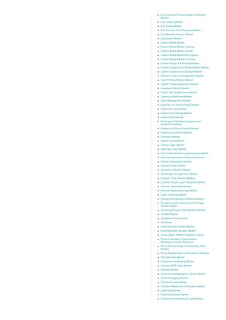 Car Insurance Fraud Detection Software
Market
Car Leasing Market
Car Rental Market
Car Trim and Final Products Market
Car Washing Service Market
Carabiners Market
Carbon Black Market
Carbon Black Market Analysis
Carbon Black Market Growth
Carbon Black Market Key players
Carbon Black Market Overview
Carbon Capture & Storage Market
Carbon Capture and Sequestration Market
Carbon Capture and Storage Market
Carbon Footprint Management Market
Card Printing Ribbon Market
Cardio Fitness Equipment Market
Cartesian Robots Market
Carton Taping Machines Market
Cartoning Machines Market
Case Management Market
Cash & Coin Deposit Bags Market
Cashmere Yarn Market
Casino and Gaming Market
Casino Hotel Market
Casting and Splinting (Supplies and
Equipment) Market
Casual and Sports Insoles Market
Catering Equipment Market
Catheters Market
Caustic Soda Market
Caution Tape Market
CBD Skin Care Market
Cell Culture Monitoring Biosensors Market
Cellular Interception Industry Revenue
Cellular Interception Market
Cellular Plastic Sheet
Centesis Catheters Market
Centrifugal Draught Fans Market
Ceramic Chip Antenna Market
Ceramic Single Layer Capacitor Market
Ceramic Tableware Market
Cervical Ripening Drugs Market
Chain Catering Market
Change Management Software Market
Charge­Coupled Device (CCD) Image
Sensor Market
Charging Nitrogen Gas Systems Market
Chatbot Market
Chatbots in Ecommerce
Chemical
Child Resistant Bottles Market
Child Resistant Sprayer Market
China AIOps Platform Research Study
China Laboratory Consumables
Packaging Industry Revenue
China Market Share In Automotive Roof
System
China Market Share In Simulation Software
Chip Mounter Market
Chipboard Packaging Market
Chipless RFID Tags Market
Chiplets Market
Chiral Chromatography Column Market
Cider Packaging Market
Cinema Lenses Market
Circular Waterproof Connectors Market
Clad Pipe Market
Cleaning Robots Market
Cleanroom and Medical Carts Market
 