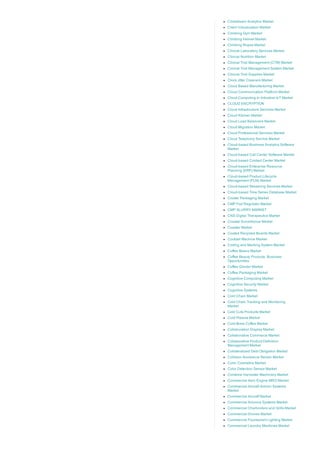 Clickstream Analytics Market
Client Virtualization Market
Climbing Gym Market
Climbing Helmet Market
Climbing Ropes Market
Clinical Laboratory Services Market
Clinical Nutrition Market
Clinical Trial Management (CTM) Market
Clinical Trial Management System Market
Clinical Trial Supplies Market
Clock Jitter Cleaners Market
Cloud Based Manufacturing Market
Cloud Communication Platform Market
Cloud Computing In Industrial IoT Market
CLOUD ENCRYPTION
Cloud Infrastructure Services Market
Cloud Kitchen Market
Cloud Load Balancers Market
Cloud Migration Market
Cloud Professional Services Market
Cloud Telephony Service Market
Cloud­based Business Analytics Software
Market
Cloud­based Call Center Software Market
Cloud­based Contact Center Market
Cloud­based Enterprise Resource
Planning (ERP) Market
Cloud­based Product Lifecycle
Management (PLM) Market
Cloud­based Streaming Services Market
Cloud­based Time Series Database Market
Cluster Packaging Market
CMP Pad Regulator Market
CMP SLURRY MARKET
CNS Digital Therapeutics Market
Coastal Surveillance Market
Coaster Market
Coated Recycled Boards Market
Cocktail Machine Market
Coding and Marking System Market
Coffee Beans Market
Coffee Beauty Products  Business
Opportunities
Coffee Grinder Market
Coffee Packaging Market
Cognitive Computing Market
Cognitive Security Market
Cognitive Systems
Cold Chain Market
Cold Chain Tracking and Monitoring
Market
Cold Cuts Products Market
Cold Plasma Market
Cold­Brew Coffee Market
Collaboration Display Market
Collaborative Commerce Market
Collaborative Product Definition
Management Market
Collateralized Debt Obligation Market
Collision Avoidance Sensor Market
Color Cosmetics Market
Color Detection Sensor Market
Combine Harvester Machinery Market
Commercial Aero Engine MRO Market
Commercial Aircraft Avionic Systems
Market
Commercial Aircraft Market
Commercial Avionics Systems Market
Commercial Charbroilers and Grills Market
Commercial Drones Market
Commercial Fluorescent Lighting Market
Commercial Laundry Machines Market
 