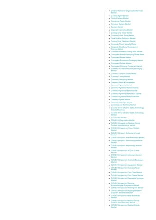 Contract Research Organization Services
Market
Contrast Agent Market
Control Cables Market
Converting Paper Market
Conveyor System Market
Cookies Market
Copyright Licensing Market
Cordage and Twine Market
Cordless Power Tools Market
Core Banking Solutions Market
Corona Virus Treatment Market
Corporate Travel Security Market
Corporate Workforce Development
Training Market
Corrosion­resistant Dosing Valve Market
Corrugated Board Packaging Market Sales
Corrugated Boxes Market
Corrugated Envelopes Packaging Market
Corrugated Pallets Market
Corrugated Shipping Containers Market
Cosmetic and Perfume Glass Packaging
Market
Cosmetic Contact Lenses Market
Cosmetic Lasers Market
Cosmetic Packaging Market
Cosmetic Pencil & Pen Market
Cosmetic Pigments Market
Cosmetic Pigments Market Analysis
Cosmetic Pigments Market Growth
Cosmetic Pigments Market Key players
Cosmetic Pigments Market Overview
Cosmetic Pipette Market
Cosmetic Skin Care Market
Cosmetics and Toiletries Market
Counter Terror & Public Safety Technology
Industry Revenue
Counter Terror & Public Safety Technology
Market
Counter­IED Market
COVID­19 Diagnostics Market
COVID­19 Imapcts on Medical Device
Contract Manufacturing Market
COVID­19 Imapcts on Virus Filtration
Market
COVID­19 Impact : Alzheimer's Drugs
Market
COVID­19 Impact : Anti­Rheumatics Market
COVID­19 Impact : Immunosuppressants
Market
COVID­19 Impact : Nephrology Devices
Market
COVID­19 Impact on 3D Cell Culture
Market
COVID­19 Impact on Adventure Tourism
Market
COVID­19 Impact on Alcoholic Beverages
Market
COVID­19 Impact on Aquaponics Market
COVID­19 Impact on Business Travel
Market
COVID­19 Impact on Cold Chain Market
COVID­19 Impact on Cold Plasma Market
COVID­19 Impact on Disposable Syringes
Market
COVID­19 Impact on Genome
Editing/Genome Engineering Market
COVID­19 Impact on Hearing Aids Market
COVID­19 Impact on Hypopigmentation
Disorders Treatment Market
COVID­19 Impact on Meat Substitutes
Market
COVID­19 Impact on Medical Device
Contract Manufacturing Market
COVID­19 Impact on Medical Robots
Market
 