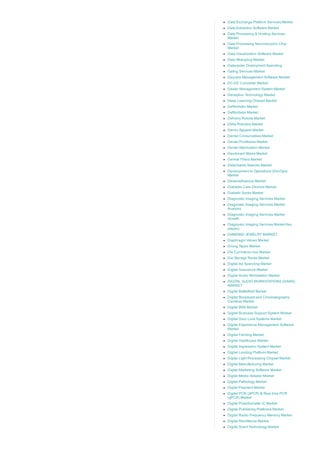 Data Exchange Platform Services Market
Data Extraction Software Market
Data Processing & Hosting Services
Market
Data Processing Neuromorphic Chip
Market
Data Visualization Software Market
Data Wrangling Market
Datacenter Deployment Spending
Dating Services Market
Daycare Management Software Market
DC­DC Converter Market
Dealer Management System Market
Deception Technology Market
Deep Learning Chipset Market
Defibrillator Market
Defibrillator Market:
Delivery Robots Market
Delta Robotics Market
Denim Apparel Market
Dental Consumables Market
Dental Prosthesis Market
Dental Sterilization Market
Deodorant Wipes Market
Dermal Fillers Market
Detachable Sleeves Market
Development to Operations (DevOps)
Market
Dexamethasone Market
Diabetes Care Devices Market
Diabetic Socks Market
Diagnostic Imaging Services Market
Diagnostic Imaging Services Market
Analysis
Diagnostic Imaging Services Market
Growth
Diagnostic Imaging Services Market Key
players
DIAMOND JEWELRY MARKET
Diaphragm Valves Market
Dicing Tapes Market
Die Cut Interior box Market
Die Storage Racks Market
Digital Ad Spending Market
Digital Assurance Market
Digital Audio Workstation Market
DIGITAL AUDIO WORKSTATIONS (DAWS)
MARKET
Digital Battlefield Market
Digital Broadcast and Cinematography
Cameras Market
Digital BSS Market
Digital Business Support System Market
Digital Door Lock Systems Market
Digital Experience Management Software
Market
Digital Farming Market
Digital Healthcare Market
Digital Impression System Market
Digital Lending Platform Market
Digital Light Processing Chipset Market
Digital Manufacturing Market
Digital Marketing Software Market
Digital Media Adaptor Market
Digital Pathology Market
Digital Payment Market
Digital PCR (dPCR) & Real time PCR
(qPCR) Market
Digital Potentiometer IC Market
Digital Publishing Platforms Market
Digital Radio Frequency Memory Market
Digital Remittance Market
Digital Scent Technology Market
 