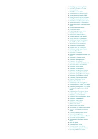 Digital Signage Technology Market
Digital Terrestrial Television (DTT)
Receivers Market
Digital Therapeutics Market
Digital Therapeutics Market Analysis
Digital Therapeutics Market Growth
Digital Therapeutics Market Key players
Digital Therapeutics Market Overview
Digital Transaction Management Market
Digital Transformation in Retail Market
Digital Transformation of Maritime Freight
Market
Digital Voice Recorder Market
Digital Wallet Market
Digital Weighing Machine Market
Digital­Out­of­Home Market
Digital/ Smart Workplace Market
Dimethyl Carbonate (DMC) Market
Dimmer and Color Tunable Market
Direct Carrier Billing Platform Market
Directed Energy Weapons Market
Discrete Semiconductors Market
Disinfectant Equipment Market
DISINFECTANT WIPES MARKET
Disk­based Backup System Market
Dispenser Tube Market
Disposable Cups Market
Disposable Cups MarketDisposable Cups
Market
Disposable E­cigarettes Market
Disposable Face Mask Market
Disposable Gloves Market
Disposable Lead Wires Module Market
Disposable Medical Gloves Market
Disposable Slippers Market
Disposable Syringes Market
Disposable Syringes Market Analysis
Disposable Syringes Market Growth
Disposable Syringes Market Key players
Disposable Syringes Market Overview
Disposable Undergarments Market
Dissolved Gas Analyzer Market
Distillers’ Grain Market
Distributed Acoustic Sensing Market
Distributed Antenna System (DAS) Market
Distributed Control Systems (DCS) Market
Distributed Energy Generation (DEG)
Market
Distributed Fiber Optic Sensor Market
Distributed Storage Platform Market
Distribution Automation Market
Distribution Management Systems Market
Distribution Software Market
Distribution System Market
DNA Sequencing Market
DNA Test Kits Market
DNA­Encoded Library Market
Do­it­yourself (DIY) Retail Product Market
Dock and Yard Management Systems
Market
Document Capture Software Market
Document Imaging Market
Document Management Services Market
Document Outsourcing Market
Documentation Preparation Services
Market
Dog Care Market
Dog Safety Leash Market
Domestic Booster Pump Market
Domestic Heating Appliances Market
Donor Egg IVF Services Market
 