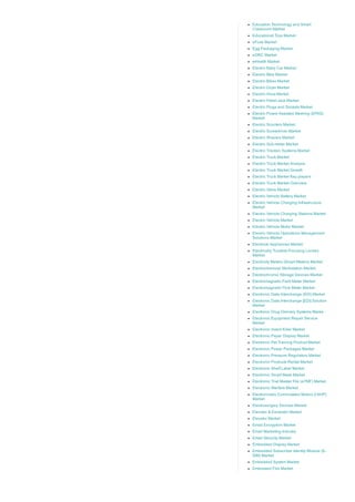 Education Technology and Smart
Classroom Market
Educational Toys Market
eFuse Market
Egg Packaging Market
eGRC Market
eHealth Market
Electric Baby Car Market
Electric Bike Market
Electric Bikes Market
Electric Dryer Market
Electric Hoist Market
Electric Pallet Jack Market
Electric Plugs and Sockets Market
Electric Power Assisted Steering (EPAS)
Market
Electric Scooters Market
Electric Screwdriver Market
Electric Shavers Market
Electric Sub­meter Market
Electric Traction Systems Market
Electric Truck Market
Electric Truck Market Analysis
Electric Truck Market Growth
Electric Truck Market Key players
Electric Truck Market Overview
Electric Valve Market
Electric Vehicle Battery Market
Electric Vehicle Charging Infrastructure
Market
Electric Vehicle Charging Stations Market
Electric Vehicle Market
Electric Vehicle Motor Market
Electric Vehicle Operations Management
Solutions Market
Electrical Appliances Market
Electrically Tunable­Focusing Lenses
Market
Electricity Meters (Smart Meters) Market
Electrochemical Workstation Market
Electrochromic Storage Devices Market
Electromagnetic Field Meter Market
Electromagnetic Flow Meter Market
Electronic Data Interchange (EDI) Market
Electronic Data Interchange [EDI] Solution
Market
Electronic Drug Delivery Systems Marke
Electronic Equipment Repair Service
Market
Electronic Insect Killer Market
Electronic Paper Display Market
Electronic Pet Training Product Market
Electronic Power Packages Market
Electronic Pressure Regulators Market
Electronic Products Rental Market
Electronic Shelf Label Market
Electronic Smart Mask Market
Electronic Trial Master File (eTMF) Market
Electronic Warfare Market
Electronically Commutated Motors [<5HP]
Market
Electrosurgery Devices Market
Elevator & Escalator Market
Elevator Market
Email Encryption Market
Email Marketing Industry
Email Security Market
Embedded Display Market
Embedded Subscriber Identity Module (E­
SIM) Market
Embedded System Market
Embossed Film Market
 