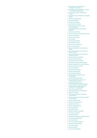 Future Business Opportunities in
Enhanced Vision System
Future Business Opportunities in Incident
and Emergency Management
Future Opportunities in Refurbished
Laptops
G.fast Technology Investment and Adoption
Market
Galley Equipment Market
Gamification Market
Gaming Chair Market
Gaming Monitors Market
GaN on Diamond Semiconductor
Substrates Market
GAN SEMICONDUCTOR DEVICES
MARKET
GaN Transistor Market
GaN­based Power Supply Adapter Market
Gantry Crane Market
Gap Insurance Market
Gas Analyzer
Gas Equipment Market
Gear Reducer Market
Gems and Jewelry Market
Gene Therapy Market
Genome Editing/Genome Engineering
Market
Genome Editing/Genome Engineering
Market Analysis
Genome Editing/Genome Engineering
Market Key players
Genome Engineering Market
Genotyping Assay Market
Geophysical Services Market
Geospatial Imagery Analytics Market
Gesture Recognition for Smart TV Market
Gesture Recognition Market
GHS Labels Market
Glamour Mailers Market
Glass Droppers Market
Glass Tableware Market
Global Adaptive Wheel Business
Opportunities
Global HMI Software Market
Global Market Research Survey on
Portable Pressure Washer
Global Market Study on File
Synchronization and Sharing Software
Global Selective Catalytic Reduction
Catalyst (SCR Catalyst) Market
Glue­applied Labels Market
GMC based Motion Controller Market
GNSS Chip Market
Golf Cart and Neighborhood Electric
Vehicle Market
Governance Risk and Compliance (GRC)
Services Market
Graph Analytics Market
Graphene Sensors Market
Grease Traps Market
Green Packaging Market
Grow Light Market
Grow Tents Market
GSMA Embedded SIM Market
Gua Sha Tools Market
Guidewires Market
Hackathon Management Software Market
Hair and Body Mist Market
Hair Dryer Market
Hair Loss Medication Market
Hair Removal Wax Market
Hair Serum Market
Hairbrush Market
Halal Cosmetics Market
 
