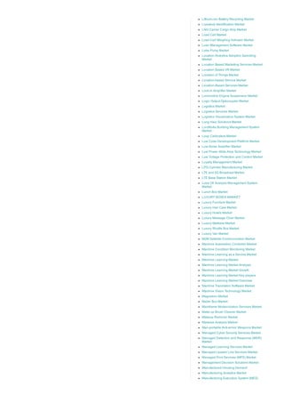 Lithium­ion Battery Recycling Market
Livestock Identification Market
LNG Carrier Cargo Ship Market
Load Cell Market
Load Cell Weighing Indicator Market
Loan Management Software Market
Lobe Pump Market
Location Analytics Adoption Spending
Market
Location Based Marketing Services Market
Location Based VR Market
Location of Things Market
Location­based Service Market
Location­Based Services Market
Lock­in Amplifier Market
Locomotive Engine Suspension Market
Logic Output Optocoupler Market
Logistics Market
Logistics Services Market
Logistics Visualization System Market
Long Haul Solutions Market
LonWorks Building Management System
Market
Loop Calibrators Market
Low Code Development Platform Market
Low Noise Amplifier Market
Low Power Wide Area Technology Market
Low Voltage Protection and Control Market
Loyalty Management Market
LPG Cylinder Manufacturing Market
LTE and 5G Broadcast Market
LTE Base Station Market
Lube Oil Analysis Management System
Market
Lunch Box Market
LUXURY BOXES MARKET
Luxury Furniture Market
Luxury Hair Care Market
Luxury Hotels Market
Luxury Massage Chair Market
Luxury Mattress Market
Luxury Shuttle Bus Market
Luxury Van Market
M2M Satellite Communication Market
Machine Automation Controller Market
Machine Condition Monitoring Market
Machine Learning as a Service Market
Machine Learning Market
Machine Learning Market Analysis
Machine Learning Market Growth
Machine Learning Market Key players
Machine Learning Market Overview
Machine Translation Software Market
Machine Vision Technology Market
Magnetron Market
Mailer Box Market
Mainframe Modernization Services Market
Make up Brush Cleaner Market
Makeup Remover Market
Malware Analysis Market
Man­portable Anti­armor Weapons Market
Managed Cyber Security Services Market
Managed Detection and Response (MDR)
Market
Managed Learning Services Market
Managed Leased Line Services Market
Managed Print Services (MPS) Market
Management Decision Solutions Market
Manufactured Housing Demand
Manufacturing Analytics Market
Manufacturing Execution System (MES)
 