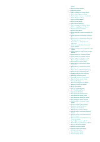Market
Manure Spreader Market
Mariculture Industry
Marine Actuators and Valves Market
Marine Audio Equipment Market
Marine Cables and Connectors Market
Marine Electronics Market
Marine Fasteners Market
Marine Fender Market
Marine Insurance Market
Marine Management Software Market
Maritime Cargo Digitization Market
Maritime Surveillance Market
Maritime VSAT Market
Market Analysis of Artificial Intelligence (AI)
Apps
Market Forecast of Automotive Gasket and
Seal
Market Forecast of Automotive Intelligence
Park Assist System
Market Forecast of Small Domestic
Appliances
Market Forecast On Man­Portable Anti­
Armor Weapons
Market Forecast on Wine Cooler and Chest
Freezer
Market Insights on Cloud Content Delivery
Network
Market Insights on Conditioning Agent
Market Insights on Industrial Diamond
Market Insights on Mobile Learning
Market Insights on Plasma Display
Market Report on Folding Bikes
Market Report on Household Cooking
Appliances
Market Report on School and Campus
Security
Market Survey of 3D Printed Packaging
Market Survey on Automotive Lidar
Market Survey on Smart Classroom
Marketing Automation Market
Marketing Stimulation Tools Market
Mass Notification System Market
Massage Oil Market
Material Handling Robotics Market
Maternity Intimate Wear Market
MDPE Films Market
Meal Kit Packaging Market
Meat Plastic Casing Market
Meat Substitutes Market
Meat Substitutes Market Analysis
Meat Substitutes Market Growth
Meat Substitutes Market Key players
Meat Substitutes Market Overview
Mechanical Mine Clearance System
Market
Media Exchange Platform Market
Media Monitoring Tools Market
Medical Aesthetics Market
Medical Device Cleaning Market
Medical Device Contract Manufacturing
Market
Medical Device Contract Manufacturing
Market Analysis
Medical Device Contract Manufacturing
Market Key players
Medical Device Labeling Market
Medical Equipment Maintenance Market
Medical Heat Sealers Market
Medical Holography Market
Medical Imaging Lens Market
Medical Laser Market
Medical Mattress Market
Medical Nutrition Market
 