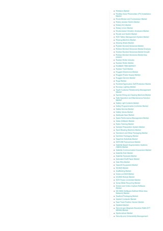 Rollators Market
Rooftop Solar Photovoltaic (PV) Installation
Market
Roots Blower and Compressor Market
Rotary Isolator Switch Market
Rotary Kiln Market
Rotary Union Market
Route­based Vibration Analyzers Market
Router and Switch Market
ROV Tether Management System Market
Rowing Machine Market
Rowing Shells Market
Rubber Bonded Abrasives Market
Rubber Bonded Abrasives Market Analysis
Rubber Bonded Abrasives Market Growth
Rubber Bonded Abrasives Market Key
players
Rubber Roller Industry
Rubber Roller Market
RUBBER TIRE MARKET
Rubber Track Market
Rugged Electronics Market
Rugged Power Supply Market
Rugged Servers Market
Rugs Market
Runtime Application Self­Protection Market
Runway Lighting Market
SaaS Customer Relationship Management
Market
Sachet Filling and Sealing Machine Market
Safe Operation and Maintenance Solution
Market
Safety Light Curtains Market
Safety Programmable Controller Market
Safety Service Market
Safety Valves Market
Sailboats Gear Market
Sales Performance Management Market
Sales Software Market
Sales Training Market
Sample Preparation System Market
Sand Blasting Machine Market
Sandwich and Wrap Packaging Market
Sanitizer Packaging Market
Sapphire Substrate Market
SATCOM Transceivers Market
Satellite Based Augmentation Systems
(SBAS) Market
Satellite Communication Equipment Market
Satellite Dish Market
Satellite Payloads Market
Saturated Kraft Paper Market
Saw Wire Market
Sawmill Equipment Market
SCADA Market
Scaffolding Market
Scale­out NAS Market
SCARA Robots Market
SCR Power Controlled Market
Scrap Metal Recycling Market
Screen and Video Capture Software
Market
SD­WAN (Software­Defined Wide Area
Network) Market
Seafood Packaging Market
Sealed Contactor Market
Seat Track Position Sensor Market
Seatbelt Market
Second­gen Magneto Resistive RAM (STT
MRAM) Market
Sectionalizer Market
Security and Vulnerability Management
 