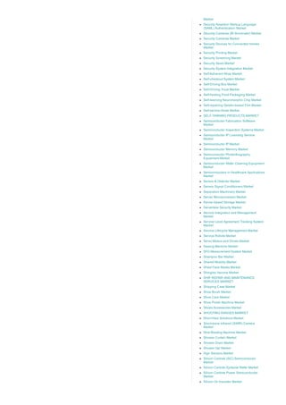 Market
Security Assertion Markup Language
(SAML) Authentication Market
Security Cameras (IR Illuminator) Market
Security Cameras Market
Security Devices for Connected Homes
Market
Security Printing Market
Security Screening Market
Security Seals Market
Security System Integration Market
Self­Adherent Wrap Market
Self­checkout System Market
Self­Driving Bus Market
Self­Driving Truck Market
Self­heating Food Packaging Market
Self­learning Neuromorphic Chip Market
Self­repairing Gelatin­based Film Market
Self­service Kiosk Market
SELF­TANNING PRODUCTS MARKET
Semiconductor Fabrication Software
Market
Semiconductor Inspection Systems Market
Semiconductor IP Licensing Service
Market
Semiconductor IP Market
Semiconductor Memory Market
Semiconductor Photolithography
Equipment Market
Semiconductor Wafer Cleaning Equipment
Market
Semiconductors in Healthcare Applications
Market
Sensor & Detector Market
Sensor Signal Conditioners Market
Separation Machinery Market
Server Microprocessor Market
Server­based Storage Market
Serverless Security Market
Service Integration and Management
Market
Service Level Agreement Tracking System
Market
Service Lifecycle Management Market
Service Robots Market
Servo Motors and Drives Market
Sewing Machine Market
SFG Measurement System Market
Shampoo Bar Market
Shared Mobility Market
Sheet Face Masks Market
Shingles Vaccine Market
SHIP REPAIR AND MAINTENANCE
SERVICES MARKET
Shipping Case Market
Shoe Brush Market
Shoe Care Market
Shoe Polish Machine Market
Shoes Accessories Market
SHOOTING RANGES MARKET
Short Haul Solutions Market
Short­wave Infrared (SWIR) Camera
Market
Shot Blasting Machine Market
Shower Curtain Market
Shower Drain Market
Shower Gel Market
Sign Sensors Market
Silicon Carbide (SiC) Semiconductor
Market
Silicon Carbide Epitaxial Wafer Market
Silicon Carbide Power Semiconductor
Market
Silicon On Insulator Market
 