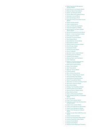 Space Planning and Management
Solutions Market
Space Sensors and Actuators Market
Spas and Beauty Salons Market
Spatial Light Modulator Market
Special Effects (SFX) Software Market
Specialty Chemicals Market
Specialty Packaging Market
Specialty Printing Consumable Product
Market
Speech Analytics Market
Spend Analytics Market
Spherical Roller Bearings Market
Spigot Beverage Pouch Market
Spinal Implants and Spinal Surgical
Devices Market
Spiritual & Devotional Products Market
Split Air Conditioning Systems Market
Split Casing Pump Market
Sports ATV Equipment Market
Sports Betting Market
Sports Medicine Devices Market
Sports Medicine Market
Sports Protective Equipment Market
Sports Shotgun Market
Sports Tapes Market
Sports Technology Market
Sports Turf Market
Sprinkler Irrigation Systems Market
Sputtering Equipment Market
Sputtering Target Market
Stainless Steel Cable Ties Market
STATCOM Market
Statutory Compliance Management
Outsourcing Services Market
Steam Boiler Systems Market
Steam Tubines Market
Steel Tubes Market
Stem Cell Therapy Market
STEM Toy Market
Step­counting Shoes Market
Step­down Voltage Regulator Market
Sterile Injectable Drugs Market
Sterile Medical Packaging Market
Sterile Tubing Welders Market
Sterilization Containers and Wraps Market
Sterilization Equipment Market
Stone Buriers Market
Strategic Planning Software Market
Streaming Media Device Market
Streaming Server Software Market
Street Washers Market
Studio Lighting Equipment Market
Sulfur Hexafluoride (SF6) Circuit Breaker
Market
Sun Care Market
Super Pulse Capacitor Market
Supervisory Control and Data Acquisition
(SCADA) Market
Supply Chain Analytics Market
Supply Chain Management BPO Market
Supply Chain Management Market
Supply Chain Management Software
Market
Surface Acoustic Wave (SAW) Resonator
Market
Surface Disinfectant Market
Surgical and Respiratory Masks Market
Surgical Drapes and Gowns Market
Surgical Robots Market
Surgical Suture Market
Surgical Sutures Materials & Packaging
 