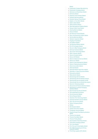 Market
Sustainable Footwear Manufacturing
Sustainable Packaging Market
Swimwear and Beachwear Market
Swimwear Market
Switched Virtual Interface Market
Synthetic Monitoring Market
Synthetic Sewing Thread Market
System on Chip (SoC) Market
Tactile Labels Market
Tactile Switches Market
Talent Management Software Market
Tamper Evident Caps Market
Tamping Machine Market
Tampons Market
Tan Removal Products Market
Tank Level Monitoring System Market
Tanning Machines Market
Tantalum Capacitors Market
Targeting Pods Market
Tax Software Market
Taxi Booking Software Market
TD­LTE Ecosystem Market
Tea and Coffee Packaging Market
Technical Ceramics Market
Teen Driver Technology Market
Teflon Capacitor Market
Telecom Analytics Market
Telecom API Market
Telecom Enterprise Services Market
Telecom IoT Market
Telecom Order Management Market
Telecom Testing Equipment Market
Telecommunication Market
Telehealth Market
Telehealth Mobile Application Market
Telematics in Heavy Equipment Market
Telemedicine Market
Teleprotection Market
Teleradiology Services Market
Teleradiology Services Market Analysis
Teleradiology Services Market Growth
Teleradiology Services Market Key players
Television Advertising Market
Temperature & Pressure Switches Market
Temperature Controlled Packaging
Solutions Market
Tenant Screening Services Market
Tennis Ball Machines Market
Tennis Equipment Market
Tennis Racquet Market
Terahertz (THz) Technology Market
Terahertz Radiation Devices Market
Term Life Insurance Market
Tertiary Packaging Market
Testing
Text Analytics Market
Textiles Home Decor Market
Therapeutic Vaccines Market
Thermal Energy Flow Metering Solutions
Market
Thermal Films Market
Thermal Flow Meter Market
Thermal Printing Market
Thermoelectric Assemblies Market
Thermoform Packaging Market
Thin Client Market
Thin Film and Printed Battery Market
Thin Wafer Processing and Dicing
Equipment Market
Third­Party Logistics (3PL) Market
 