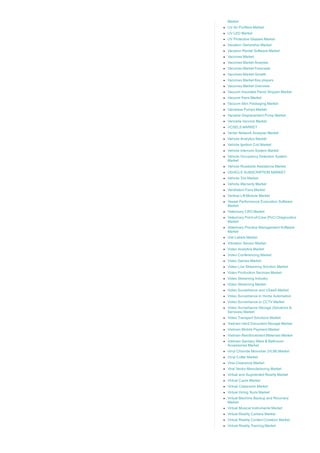 Market
UV Air Purifiers Market
UV LED Market
UV Protective Glasses Market
Vacation Ownership Market
Vacation Rental Software Market
Vaccines Market
Vaccines Market Analysis
Vaccines Market Forecasts
Vaccines Market Growth
Vaccines Market Key players
Vaccines Market Overview
Vacuum Insulated Panel Shipper Market
Vacuum Pans Market
Vacuum Skin Packaging Market
Valveless Pumps Market
Variable Displacement Pump Market
Varicella Vaccine Market
VCSELS MARKET
Vector Network Analyzer Market
Vehicle Analytics Market
Vehicle Ignition Coil Market
Vehicle Intercom System Market
Vehicle Occupancy Detection System
Market
Vehicle Roadside Assistance Market
VEHICLE SUBSCRIPTION MARKET
Vehicle Tire Market
Vehicle Warranty Market
Ventilation Fans Market
Vertical Lift Module Market
Vessel Performance Evaluation Software
Market
Veterinary CRO Market
Veterinary Point­of­Care (PoC) Diagnostics
Market
Veterinary Practice Management Software
Market
Vial Labels Market
Vibration Sensor Market
Video Analytics Market
Video Conferencing Market
Video Games Market
Video Live Streaming Solution Market
Video Production Services Market
Video Streaming Industry
Video Streaming Market
Video Surveillance and VSaaS Market
Video Surveillance in Home Automation
Video Surveillance or CCTV Market
Video Surveillance Storage (Solutions &
Services) Market
Video Transport Solutions Market
Vietnam Hard Document Storage Market
Vietnam Mobile Payment Market
Vietnam Reinforcement Materials Market
Vietnam Sanitary Ware & Bathroom
Accessories Market
Vinyl Chloride Monomer (VCM) Market
Vinyl Cutter Market
Viral Clearance Market
Viral Vector Manufacturing Market
Virtual and Augmented Reality Market
Virtual Cards Market
Virtual Classroom Market
Virtual Hiring Tools Market
Virtual Machine Backup and Recovery
Market
Virtual Musical Instruments Market
Virtual Reality Camera Market
Virtual Reality Content Creation Market
Virtual Reality Training Market
 