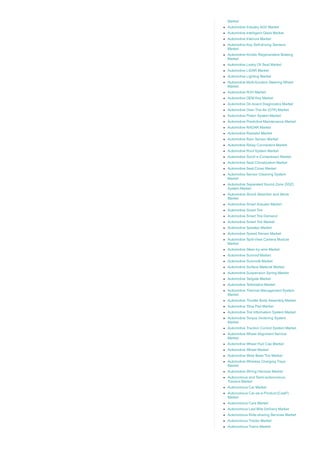 Market
Automotive Industry AGV Market
Automotive Intelligent Glass Market
Automotive Interiors Market
Automotive Key Self­driving Sensors
Market
Automotive Kinetic Regenerative Braking
Market
Automotive Leaky Oil Seal Market
Automotive LiDAR Market
Automotive Lighting Market
Automotive Multi­function Steering Wheel
Market
Automotive NVH Market
Automotive OEM Key Market
Automotive On­board Diagnostics Market
Automotive Over­The­Air (OTA) Market
Automotive Piston System Market
Automotive Predictive Maintenance Market
Automotive RADAR Market
Automotive Radiator Market
Automotive Rain Sensor Market
Automotive Relay Connectors Market
Automotive Roof System Market
Automotive Scroll e­Compressor Market
Automotive Seat Climatization Market
Automotive Seat Cover Market
Automotive Sensor Cleaning System
Market
Automotive Separated Sound Zone (SSZ)
System Market
Automotive Shock Absorber and Struts
Market
Automotive Smart Actuator Market
Automotive Smart Tire
Automotive Smart Tire Demand
Automotive Smart Tire Market
Automotive Speaker Market
Automotive Speed Sensor Market
Automotive Split­View Camera Module
Market
Automotive Steer­by­wire Market
Automotive Sunroof Market
Automotive Sunroofs Market
Automotive Surface Material Market
Automotive Suspension Spring Market
Automotive Tailgate Market
Automotive Telematics Market
Automotive Thermal Management System
Market
Automotive Throttle Body Assembly Market
Automotive Tibia Pad Market
Automotive Tire Information System Market
Automotive Torque Vectoring System
Market
Automotive Traction Control System Market
Automotive Wheel Alignment Service
Market
Automotive Wheel Hub Cap Market
Automotive Wheel Market
Automotive Wide Base Tire Market
Automotive Wireless Charging Trays
Market
Automotive Wiring Harness Market
Autonomous and Semi­autonomous
Tractors Market
Autonomous Car Market
Autonomous Car­as­a­Product (CaaP)
Market
Autonomous Cars Market
Autonomous Last Mile Delivery Market
Autonomous Ride­sharing Services Market
Autonomous Tractor Market
Autonomous Trains Market
 