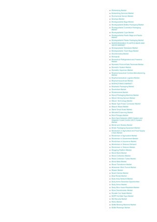 Biobanking Market
Biobanking Services Market
Biochemical Sensor Market
Biochips Market
Biodegradable Bags Market
Biodegradable Bottles Packaging Market
Biodegradable Cosmetics Packaging
Market
Biodegradable Cups Market
Biodegradable Plastic Bags and Sacks
Market
Biodegradable Plastic Packaging Market
BIODEGRADABLE PLASTICS BAGS AND
SACKS MARKET
Biodegradable Tableware Market
Biodegradable Trash Bags Market
Bioinformatics Market
Biological
Biomedical Refrigerators and Freezers
Market
Biometric Point­of­Sale Terminals Market
Biometric System Market
Biometric Vaporizer Market
Biopharmaceutical Contract Manufacturing
Market
Biopharmaceutical Logistics Market
Biopharmaceuticals Market
BIOPHOTONICS MARKET
Bioplastic Packaging Market
Biosimilars Market
Biostimulants Market
Biscuit Packaging Machine Market
Bitcoin Mining Servers Market
Bitcoin Technology Market
Blade Type Power Connector Market
Bleach Wipes Market
Blend Smart Scale Market
Blended E­learning Market
Blind Flanges Market
Blind Spot Detection (BSD) System and
Adaptive Cruise Control (ACC) System
Market
Blinds and Shades Market
Blister Packaging Equipment Market
Blockchain in Agriculture and Food Supply
Chain Market
Blockchain in Agriculture Market
Blockchain in Government Market
Blockchain In Insurance Market
Blockchain in Telecom Demand
Blockchain in Telecom Market
Blogging Platform Market
Blood Bank Market
Blood Collection Market
Blood Collection Tubes Market
Blood Meal Market
Blood Transfusion Market
Blowdown Wind Tunnel Market
Blower Market
Board Games Market
Boat Rental Market
Body Area Network Market
Body Armor Business Opportunities
Body Armor Market
Body Worn Insect Repellent Market
Bone Densitometer Market
Booster Car Seats Market
BOPP Hot Melt Tape Market
Bot Security Market
Botox Market
Bottle Blowing Machine Market
Bottle Redesign Market
 
