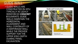 GUIDE WALL:-
• GUIDE WALLS ARE
CONSTRUCTED IN-SITU
TYPICALLY AS LIGHLY
REINFORCED CONCRET
E ELEMENTS. GUIDE
WALLS MAINTAIN THE
HORIZONTAL
ALLIGNMENT AND
WALL CONTINUITY OF
A DIAPHRAGM WALL
WHILE THE PROVIDE
SUPPORT FOR THE
UPPER SOILS DEPTH
DURING PANEL
EXCAVATION
 