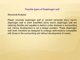 Flexible types of Diaphragm wall
Structural Analysis:
Plastic concrete diaphragm wall or cement bentonite slurry trench
diaphragm wall or earth backfilled slurry trench diaphragm wall are
relatively flexible and capable to deform under stresses in surrounding
soil. Hence development is not a design problem. These diaphragm
wall shall, therefore be designed to undergo deformations compatible
with those in the surrounding soil without development of cracks.
 