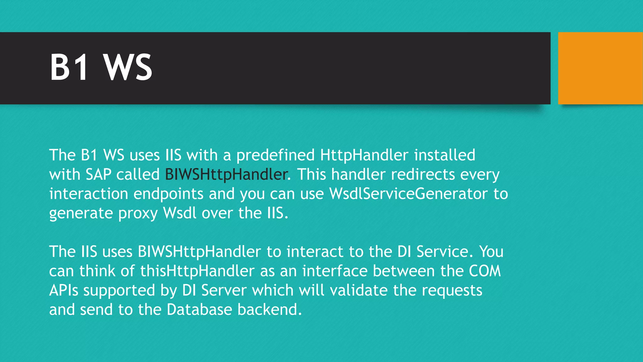 B1 WS 
The B1 WS uses IIS with a predefined HttpHandler installed 
with SAP called BIWSHttpHandler. This handler redirects every 
interaction endpoints and you can use WsdlServiceGenerator to 
generate proxy Wsdl over the IIS. 
The IIS uses BIWSHttpHandler to interact to the DI Service. You 
can think of thisHttpHandler as an interface between the COM 
APIs supported by DI Server which will validate the requests 
and send to the Database backend. 
 