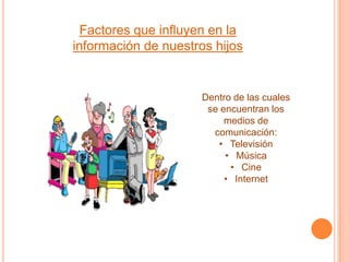 Factores que influyen en la
información de nuestros hijos
Dentro de las cuales
se encuentran los
medios de
comunicación:
• Televisión
• Música
• Cine
• Internet
 