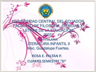 UNIVERSIDAD CENTRAL DEL ECUADORFACULTAD DE FILOSOFÍA, CIENCIAS Y LETRAS DE LA EDUCACIÓNISEDParvulariaLITERATURA INFANTIL II Msc. Guadalupe Fuertes.  ROSA E. PALTAN P. CUARTO SEMESTRE “D” 