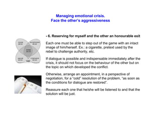 Managing emotional crisis.
Face the other’s aggressiveness
­ 6. Reserving for myself and the other an honourable exit
Each one must be able to step out of the game with an intact
image of him/herself. Ex.: a cigarette, pretext used by the
rebel to challenge authority, etc.
If dialogue is possible and indispensable immediately after the
crisis, it should not focus on the behaviour of the other but on
the topic on which developed the conflict.
Otherwise, arrange an appointment, in a perspective of
negotiation, for a “cold” resolution of the problem, “as soon as
the conditions for dialogue are restored”.
Reassure each one that he/she will be listened to and that the
solution will be just.
 