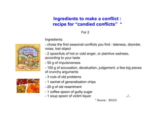 Ingredients to make a conflict :
recipe for “candied conflicts” *
For 2
Ingredients:
- chose the first seasonal conflicts you find : lateness, disorder,
noise, lost object
- 2 spoonfuls of hot or cold anger, or plaintive sadness, according
to your taste
- 50 g of impulsiveness
- 100 g of accusation, devaluation, judgement, a few big pieces
of crunchy arguments
- 3 nuts of old problems
- 1 sachet of generalisation chips
- 20 g of old resentment
- 1 coffee spoon of guilty sugar
- 1 soup spoon of victim liquor ../..
* Source : IECCC
 