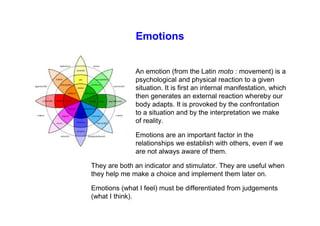 Emotions
An emotion (from the Latin moto : movement) is a
psychological and physical reaction to a given
situation. It is first an internal manifestation, which
then generates an external reaction whereby our
body adapts. It is provoked by the confrontation
to a situation and by the interpretation we make
of reality.
Emotions are an important factor in the
relationships we establish with others, even if we
are not always aware of them.
They are both an indicator and stimulator. They are useful when
they help me make a choice and implement them later on.
Emotions (what I feel) must be differentiated from judgements
(what I think).
 