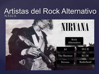 {
Artistas del Rock AlternativoN.T.I.C.S.
Rock
Alternativo
Jet M.C.R
The Rasmus
Nirvana
H.I.M
Radiohead
 