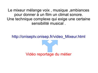 Le mixeur mélange voix , musique ,ambiances
pour donner à un film un climat sonore.
Une technique complexe qui exige une certaine
sensibilité musical .
http://oniseptv.onisep.fr/video_Mixeur.html
Vidéo reportage du métier
 