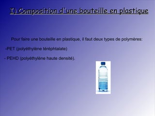 I) Composition d'une bouteille en plastique Pour faire une bouteille en plastique, il faut deux types de polymères: -PET (polyéthylène téréphtalate)  - PEHD (polyéthylène haute densité). 