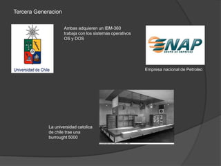 Tercera Generacion

                     Ambas adquieren un IBM-360
                     trabaja con los sistemas operativos
                     OS y DOS




                                                           Empresa nacional de Petroleo




             La universidad catolica
             de chile trae una
             burrought 5000
 