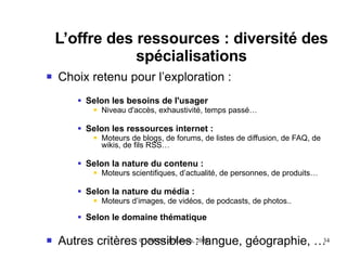 L’offre des ressources : diversité des spécialisations Choix retenu pour l’exploration :  Selon les besoins de l'usager Niveau d'accès, exhaustivité, temps passé… Selon les ressources internet :   Moteurs de blogs, de forums, de listes de diffusion, de FAQ, de wikis, de fils RSS… Selon la nature du contenu :  Moteurs scientifiques, d’actualité, de personnes, de produits… Selon la nature du média : Moteurs d’images, de vidéos, de podcasts, de photos.. Selon le domaine thématique Autres critères possibles : langue, géographie, … 