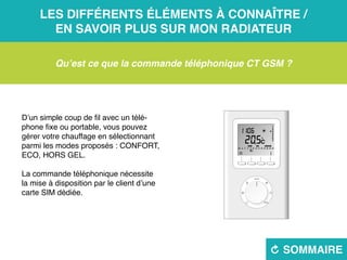 Les différents éléments à connaître /
en savoir plus sur mon radiateur
R sommaire
Qu’est ce que la commande téléphonique CT GSM ?
D’un simple coup de fil avec un télé-
phone fixe ou portable, vous pouvez
gérer votre chauffage en sélectionnant
parmi les modes proposés : CONFORT,
ECO, HORS GEL.
La commande téléphonique nécessite
la mise à disposition par le client d’une
carte SIM dédiée.
 