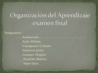Integrantes:
Acosta Luis
Avila Wiliam
Caisaguano Cristian
Espinoza Javier
Guaman Wagner
Pazmiño Marlon
Yepez Juan
 