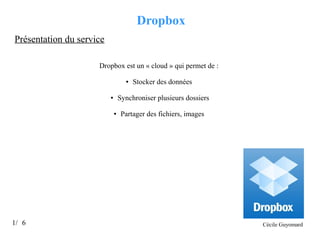 Dropbox
Présentation du service
Dropbox est un « cloud » qui permet de :
●

Synchroniser plusieurs dossiers

●

●

1/ 6

Stocker des données

Partager des fichiers, images

Cécile Guyomard

 