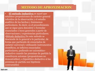 • El método inductivo es aquel que
establece proposiciones de carácter general
inferidos de la observación y el estudio
analítico de los hechos y fenómenos
particulares. Es decir, es el procedimiento
que se sigue para descubrir o formular
enunciados o leyes generales a partir de
observaciones y experiencias particulares.
•Método deductivo En este método se
desciende de lo general a lo particular, de
forma que partiendo de enunciados de
carácter universal y utilizando instrumentos
científicos, se infieren enunciados
particulares, pudiendo ser axiomático-
deductivo cuando las premisas de partida la
constituyen axiomas (proposiciones no
demostrables), o hipotético-deductivo si las
premisas de partida son hipótesis
contrastables
 