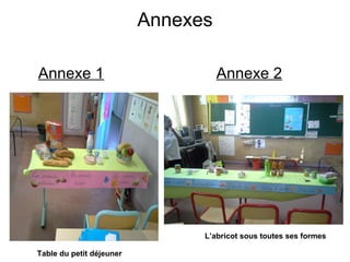 Annexes 
Annexe 1 Annexe 2 
Table du petit déjeuner 
L’abricot sous toutes ses formes 
