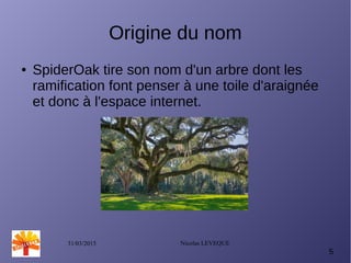 31/03/2015 Nicolas LEVEQUE
5
Origine du nom
● SpiderOak tire son nom d'un arbre dont les
ramification font penser à une toile d'araignée
et donc à l'espace internet.
 