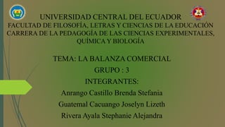 UNIVERSIDAD CENTRAL DEL ECUADOR
FACULTAD DE FILOSOFÍA, LETRAS Y CIENCIAS DE LA EDUCACIÓN
CARRERA DE LA PEDAGOGÍA DE LAS CIENCIAS EXPERIMENTALES,
QUÍMICA Y BIOLOGÍA
TEMA: LA BALANZA COMERCIAL
GRUPO : 3
INTEGRANTES:
Anrango Castillo Brenda Stefania
Guatemal Cacuango Joselyn Lizeth
Rivera Ayala Stephanie Alejandra
 