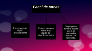Panel de tareas
Proporciona una
forma mas
rápida de
abrir documentos
Provee acceso
rápido
a varios temas
Su propósito
es darle acceso
fácil a los
comandos
usados con
frecuencia
 