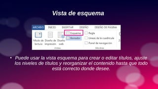 Vista de esquema
●
Puede usar la vista esquema para crear o editar títulos, ajuste
los niveles de títulos y reorganizar el contenido hasta que todo
está correcto donde desee.
 